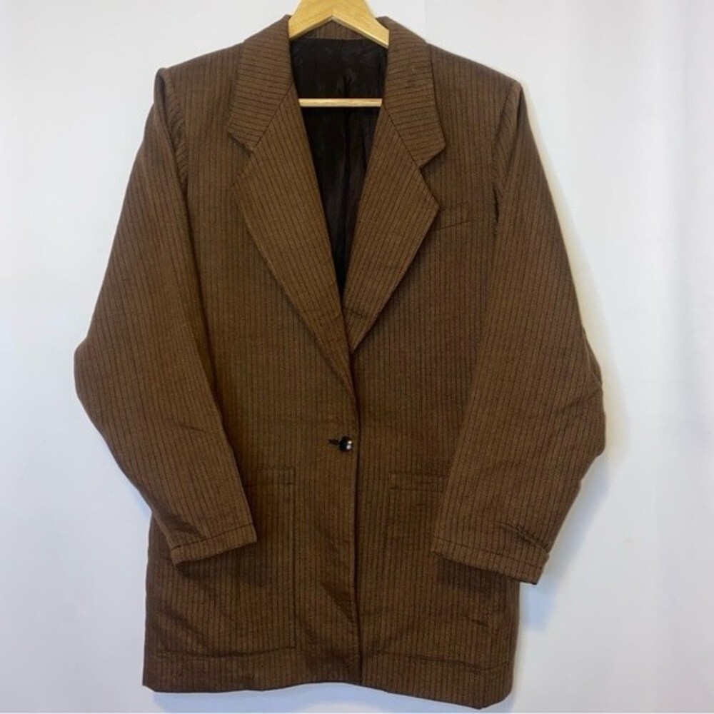 NWOT Alfred Sung Wool Linen Blend Brown Stripped Oversized Blazer Size 8